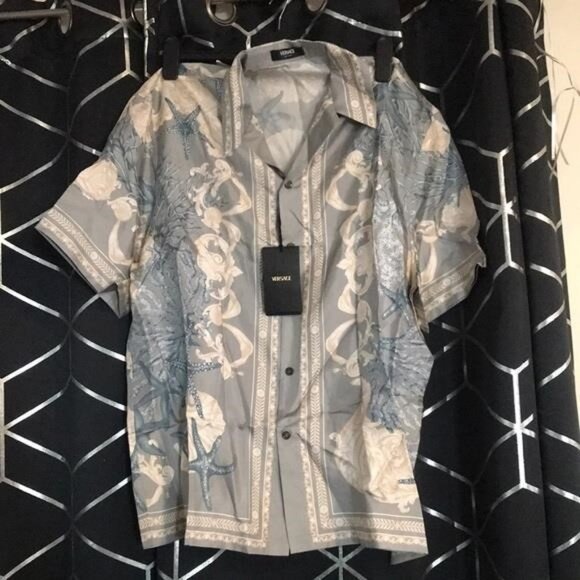 New Authentic Versace Gray and Blue Short Sleeve Shirt size 54 - Picture 11 of 14
